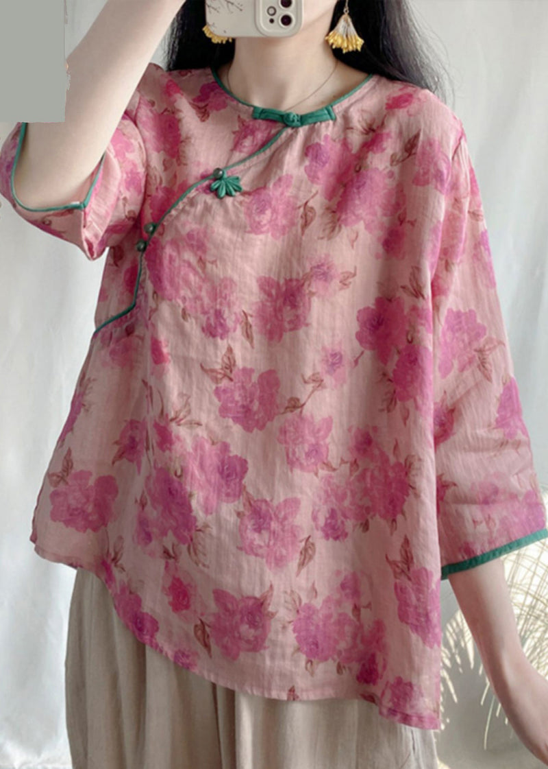 Pink Print Linen Oriental Blouses Bracelet Sleeve
