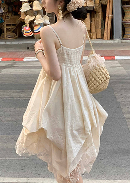 Beige V Neck Lace Cotton Mini Dresses Sleeveless
