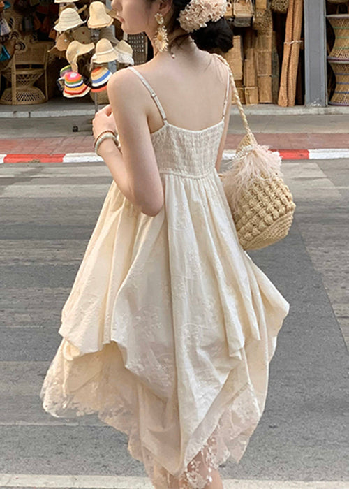 Beige V Neck Lace Cotton Mini Dresses Sleeveless
