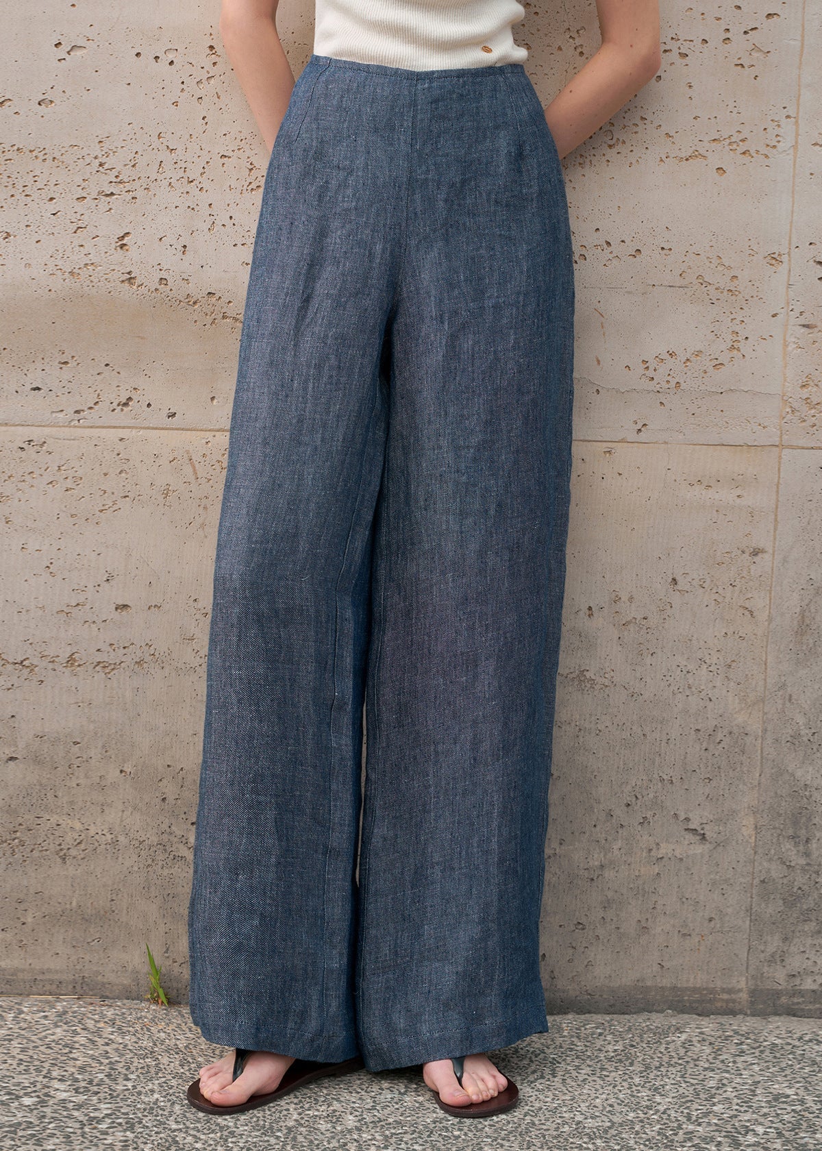 Blue Zippered Versatile Linen Wide Leg Pants Summer
