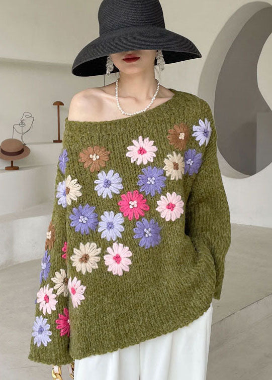 Green Embroidered Knit Sweaters Winter