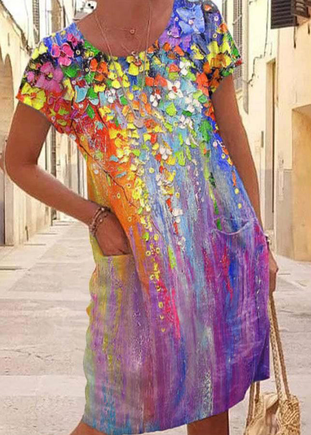 White O Neck Print Pockets Loose Cotton Dress Summer
