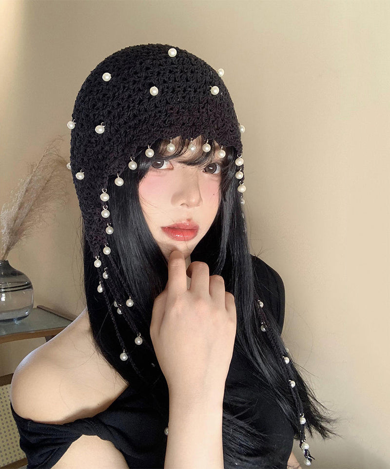Style Hollow Out Pearl Tassel Knitted Boonie Hat