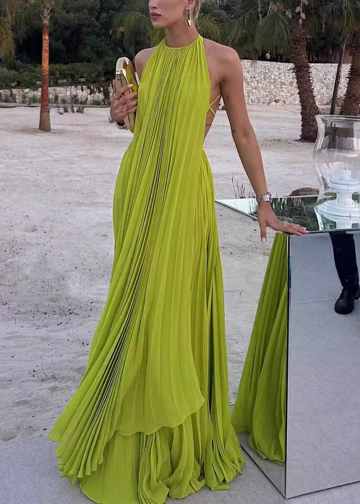 Green Backless Wrinkled Cotton Dress Sleeveless