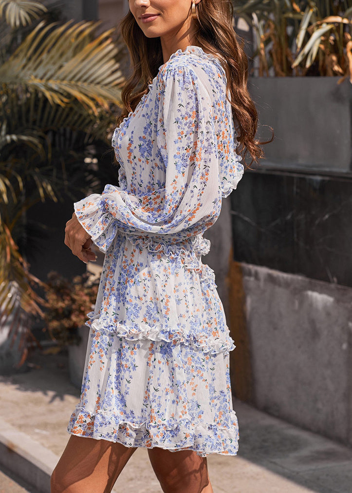 Stylish V Neck Ruffled Print Chiffon Mid Dresses Spring