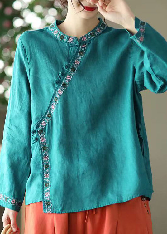 Blue Asymmetrical Design Linen Shirt Embroidered Long Sleeve