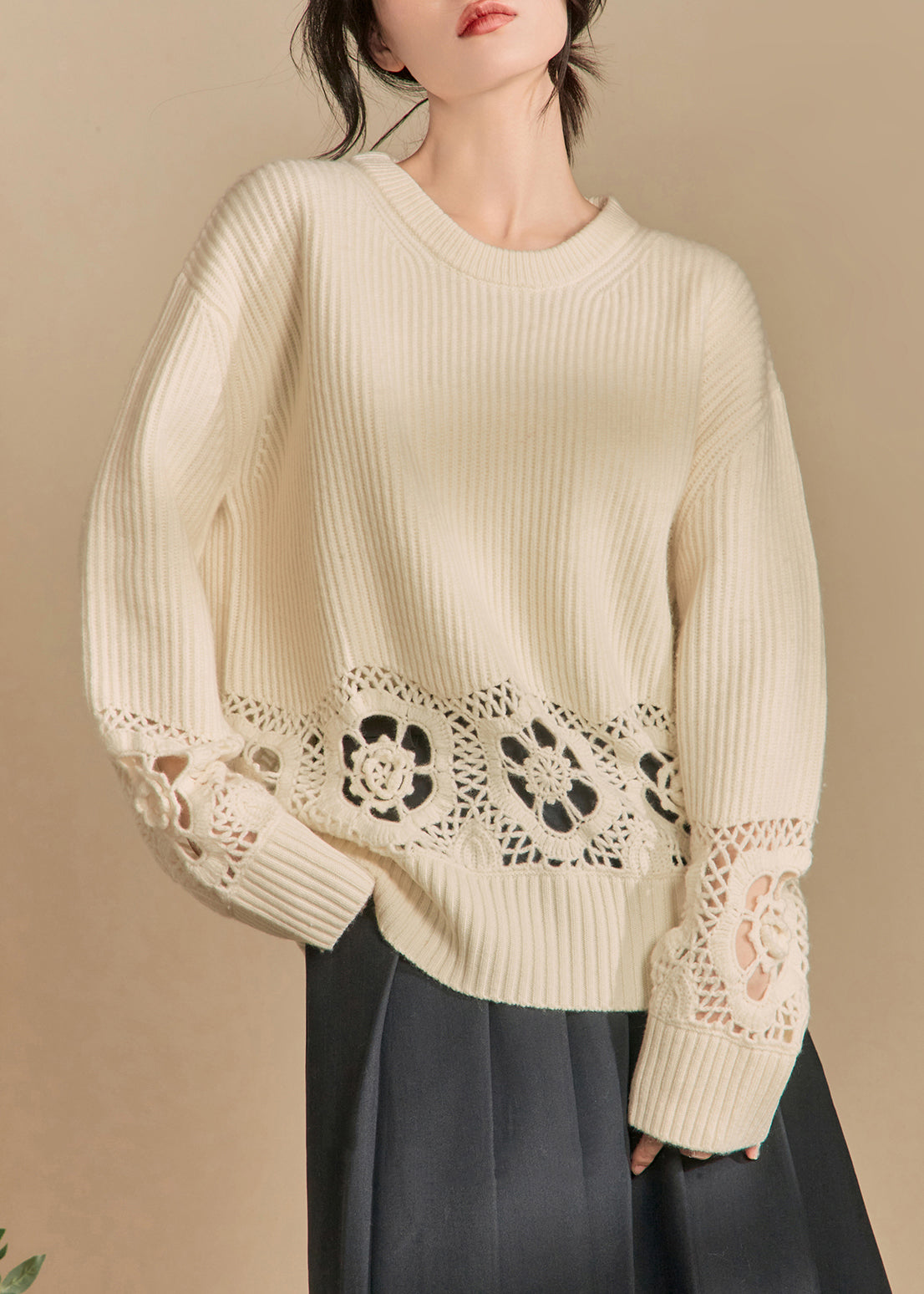 Loose Beige Hollow Out Knit Sweater Winter