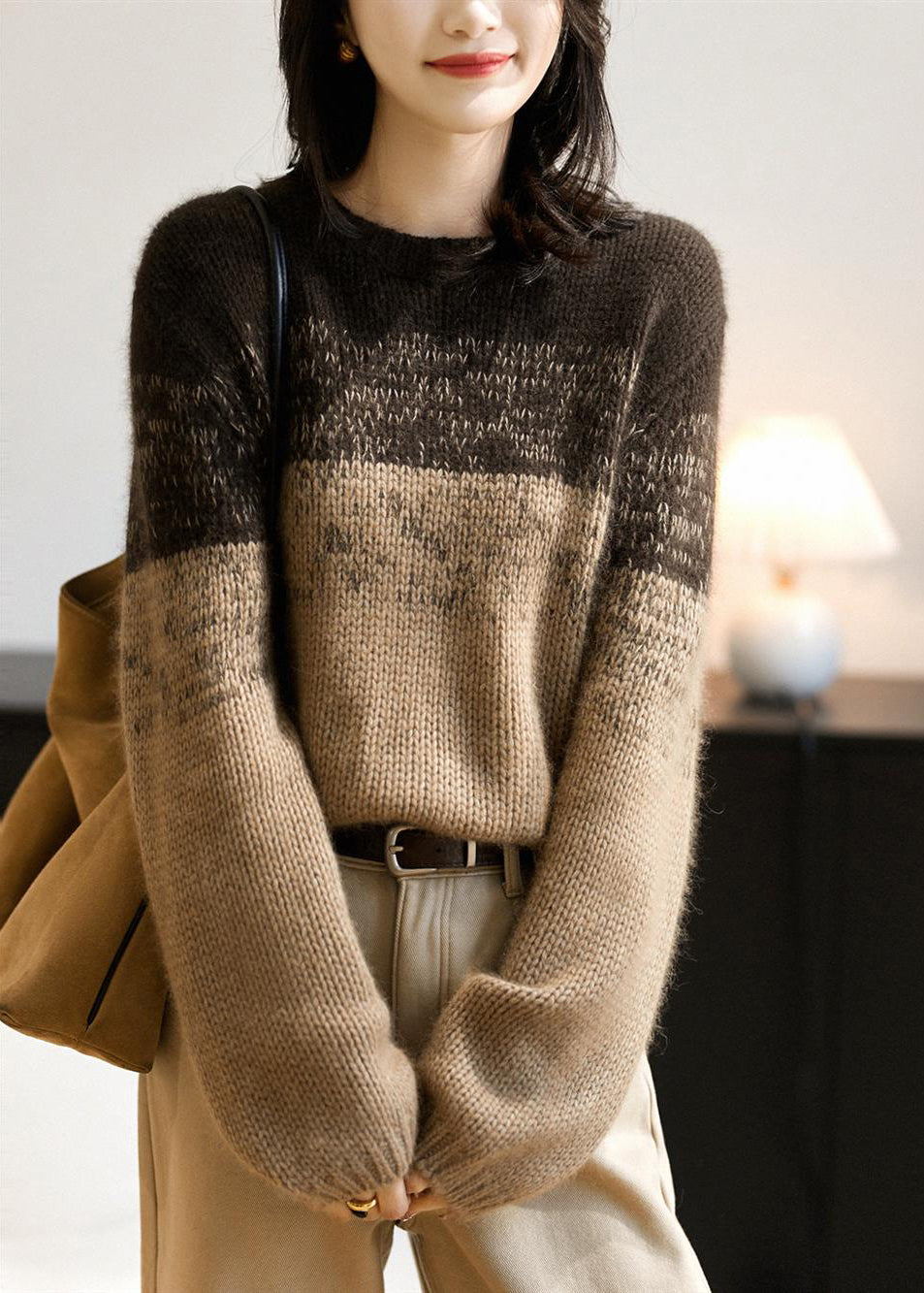 Pink Gradient O Neck Thick Woolen Knit Pullover Winter