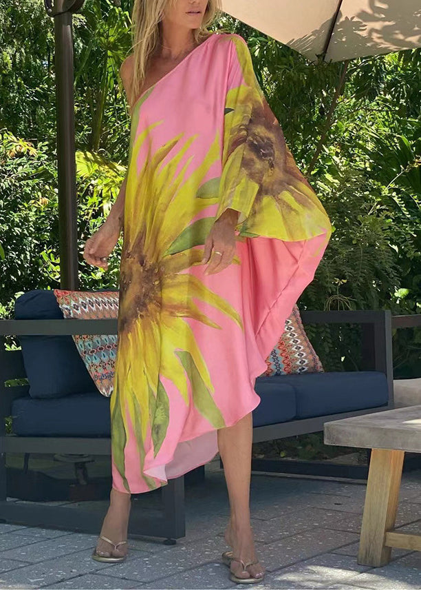 Blue Asymmetrical One Shoulder Print Cotton Dresses Long Sleeve