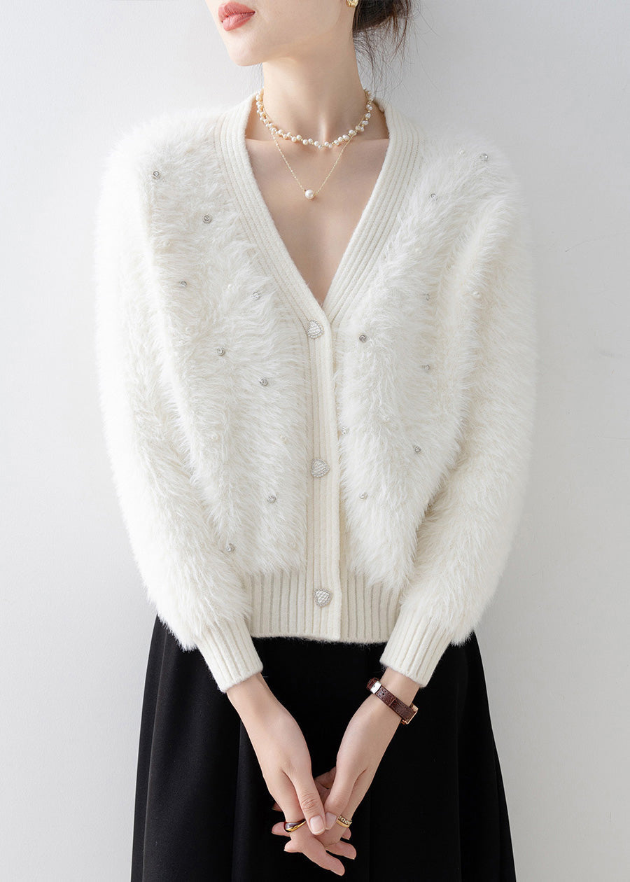 New White V Neck Zircon Mink Hair Knitted Cardigan Spring
