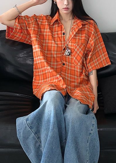 Orange Oversized Plaid Cotton Top Summer