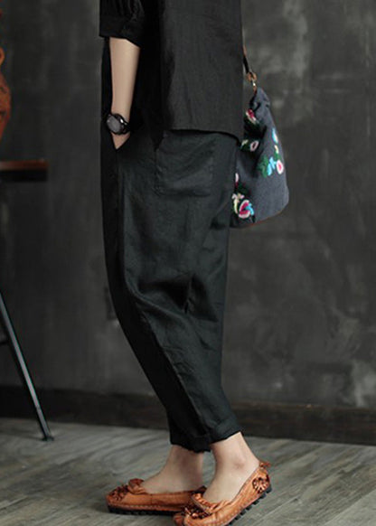 Retro Black Patchwork Pockets Linen Beam Pants Summer