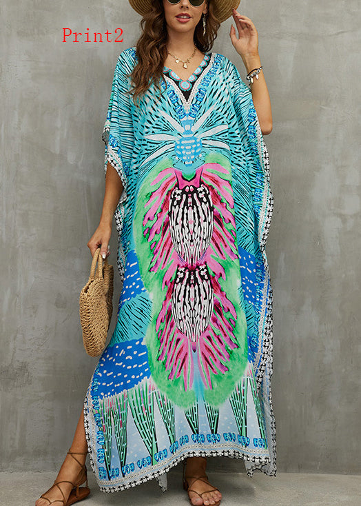 Loose V Neck Print Side Open Cotton Long Dress Summer
