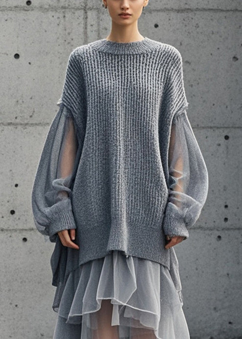 Grey Oversized Patchwork Tulle Sweater Dress Fall