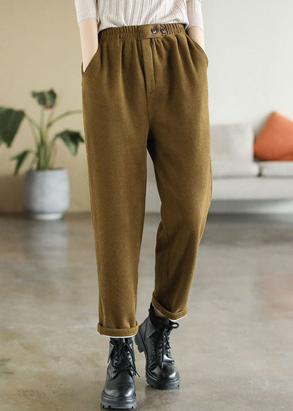 Yellow Elastic Waist Pockets Warm Fleece Corduroy Pants Winter