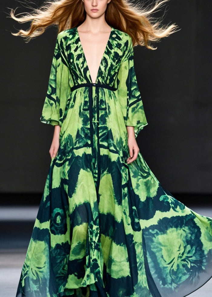 Green Print Chiffon Ankle Dress Deep-v Neck Exra Large Hem Fall