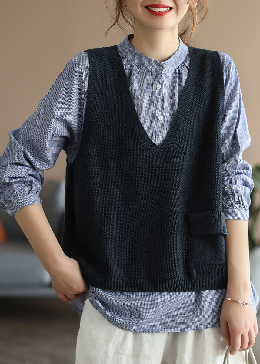 Red V Neck Patchwork Cotton Knit Vest Sleeveless