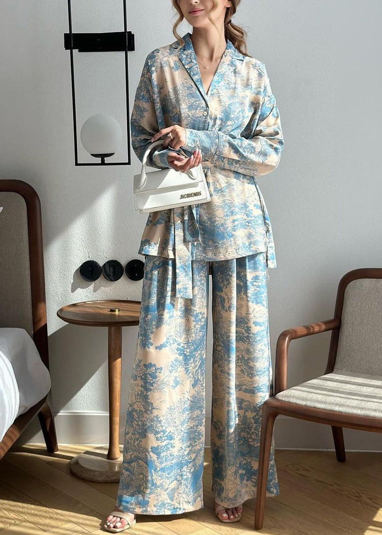 French Print Long Sleeved Lace Up Shirt and Wide Leg Pants Set