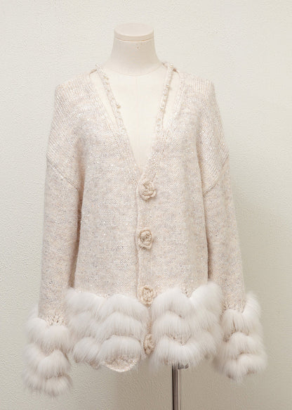 Grey V Neck Fox Fur Pearl Patchwork Knit Sweaters Winter