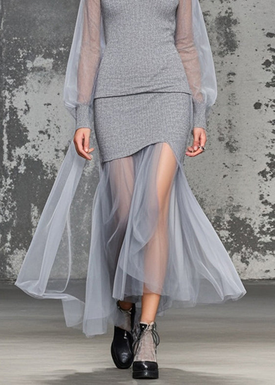 Grey V Neck Patchwork Tulle Knitwear Dress Fall