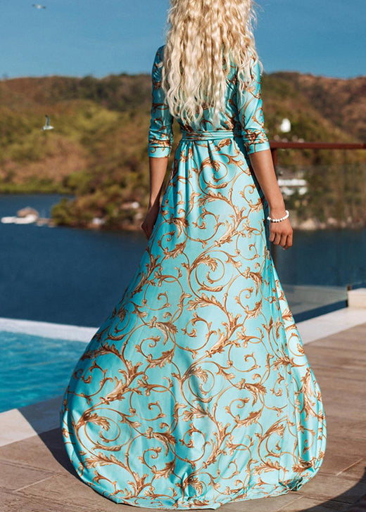 Classy Green Print Lace Up Side Open Cotton Long Dresses Summer