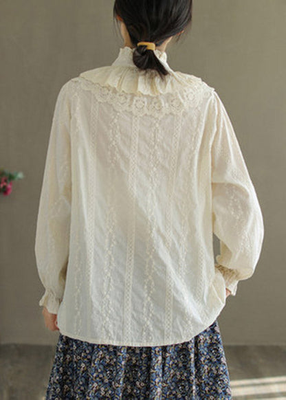 Jacquard White Ruffled Embroidered Lace Patchwork Button Cotton Shirt Long Sleeve