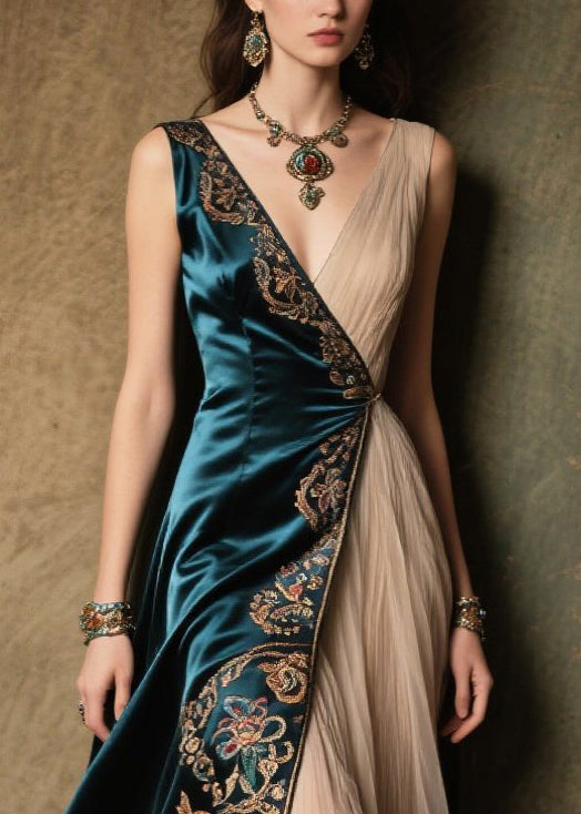 Peacock Blue Jacquard Tulle Patchwork Silk Velour Dress Summer