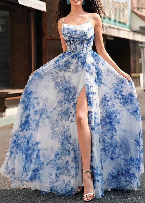 Blue Print Side Open Chiffon Spaghetti Strap Dress Sleeveless