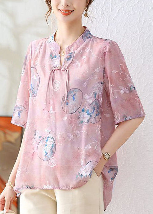 Pink Chinese Button Print Chiffon Shirt Summer
