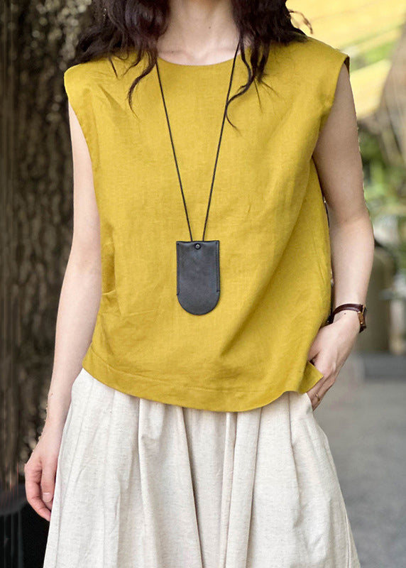 Simple Yellow O Neck Linen Top Sleeveless