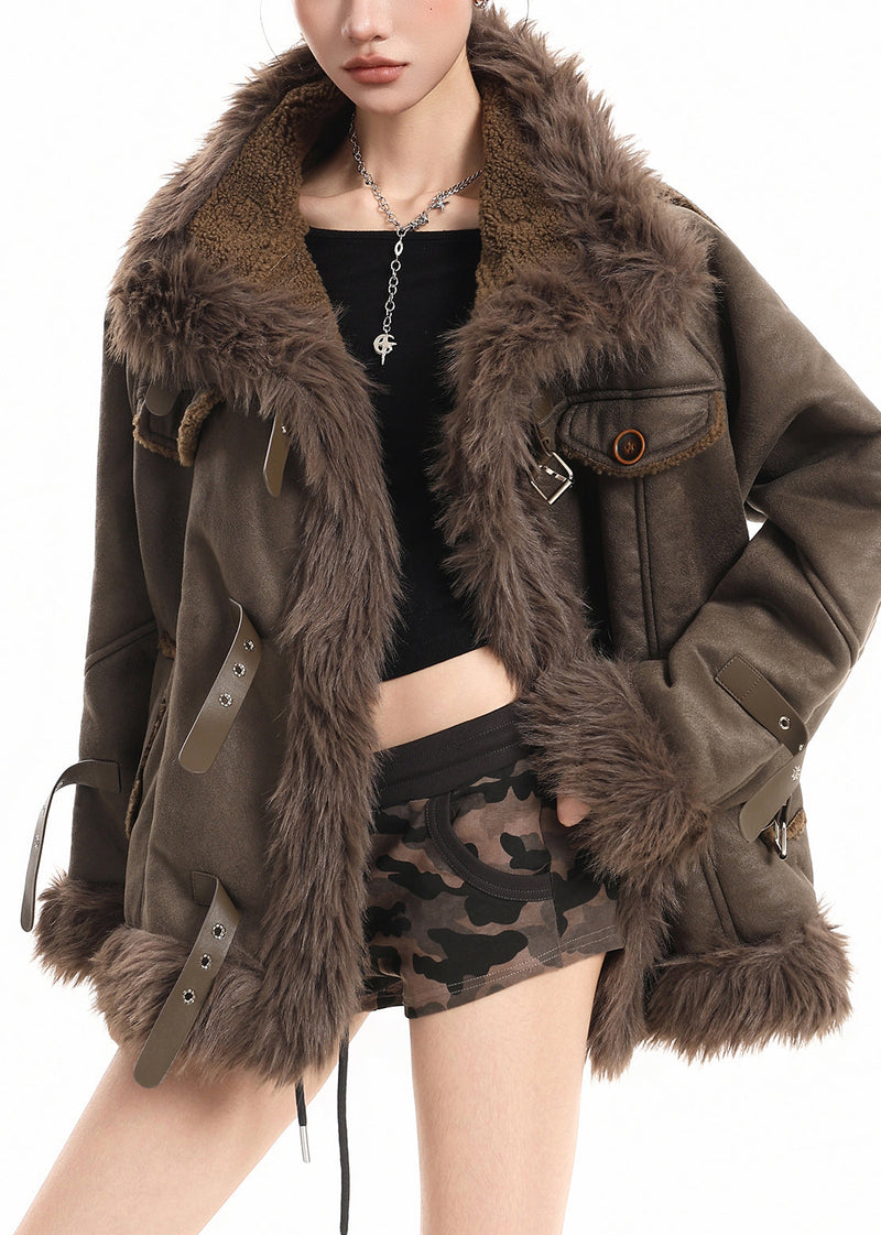 Brown Faux Fox Collar Patchwork Warm Fleece Trench Winter