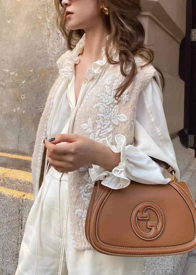 Art Beige Embroidered Ruffled Knit Two Piece Set Clothing Spring