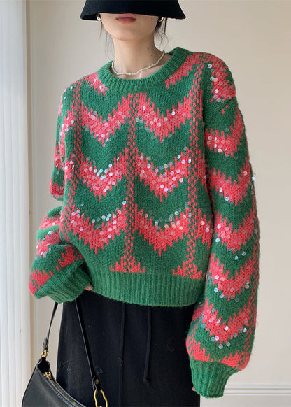 Green O Neck Sequins Patchwork Knit Sweaters Winter