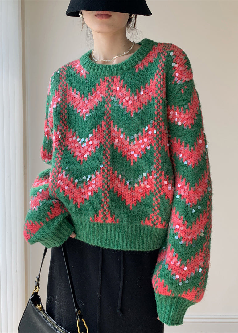 Green O Neck Sequins Patchwork Knit Sweaters Winter