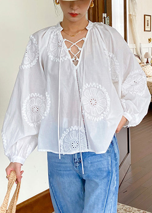 White Embroidered Hollow Out Lace Up Cotton Blouses Spring