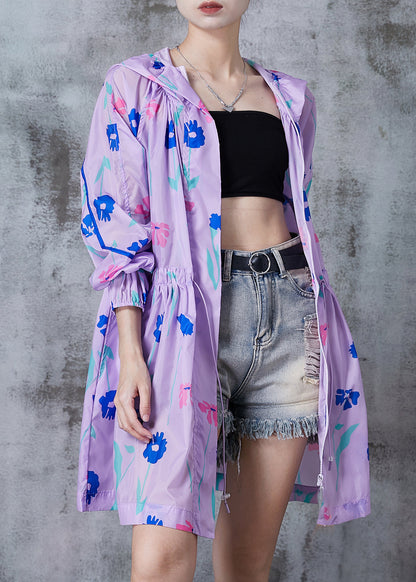Purple Cinched Print Spandex Hoodie Trench Fall