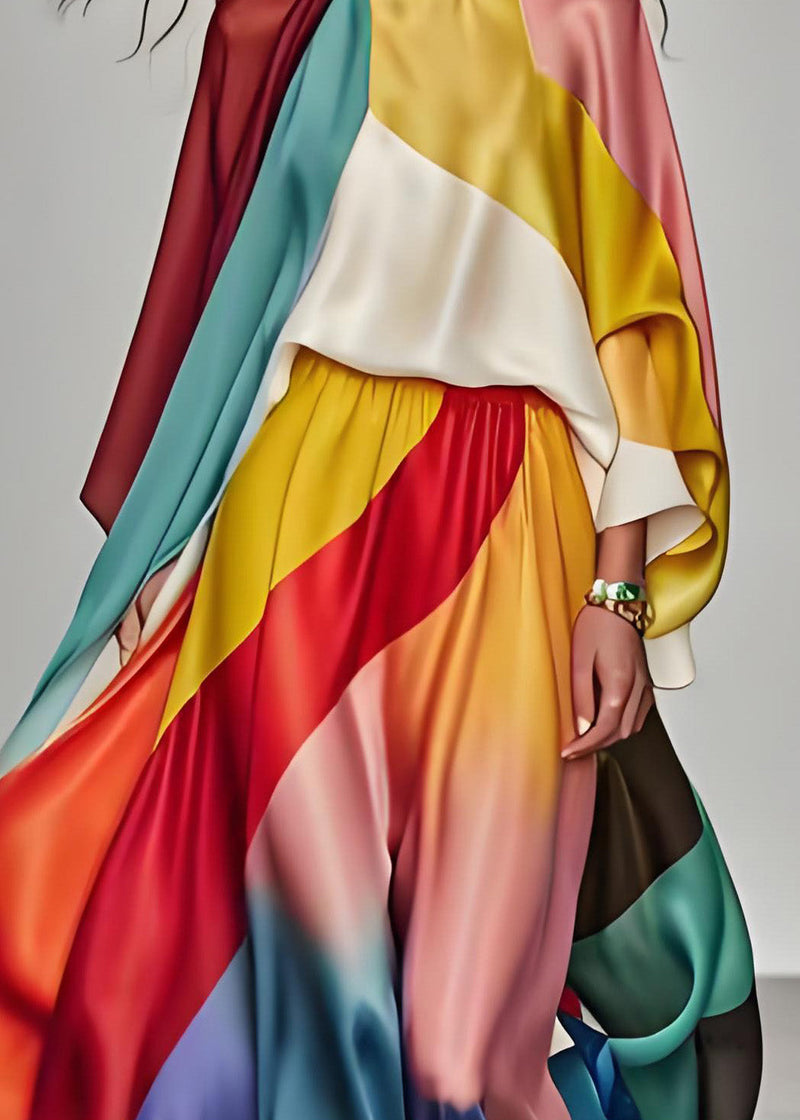 Italian Colorblock Tops and Pants Silk Two Piece Suit Set Summer