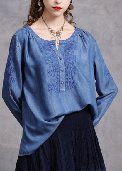 Brief Blue O-neck Embroidered Button Denim Shirts Spring