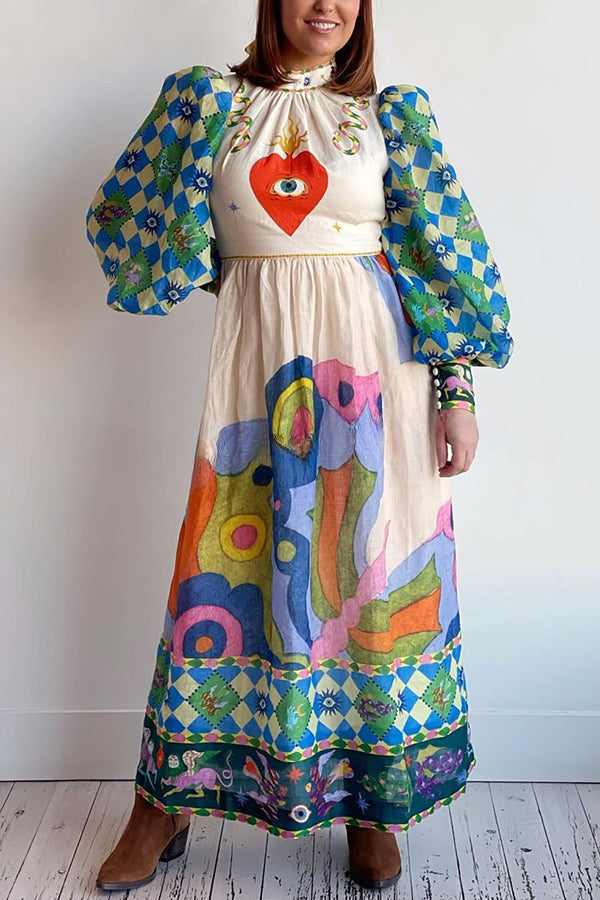Dear to My Heart Unique Print Lantern Sleeve A-line Midi Dress