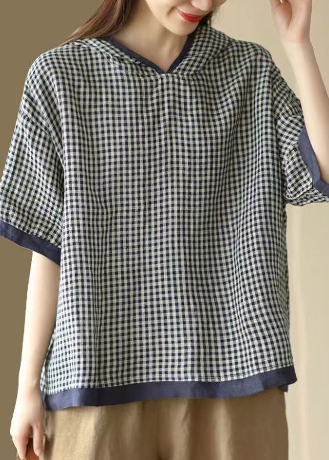 Art Dark Blue O-neck Plaid Hooded T Shirt Summer