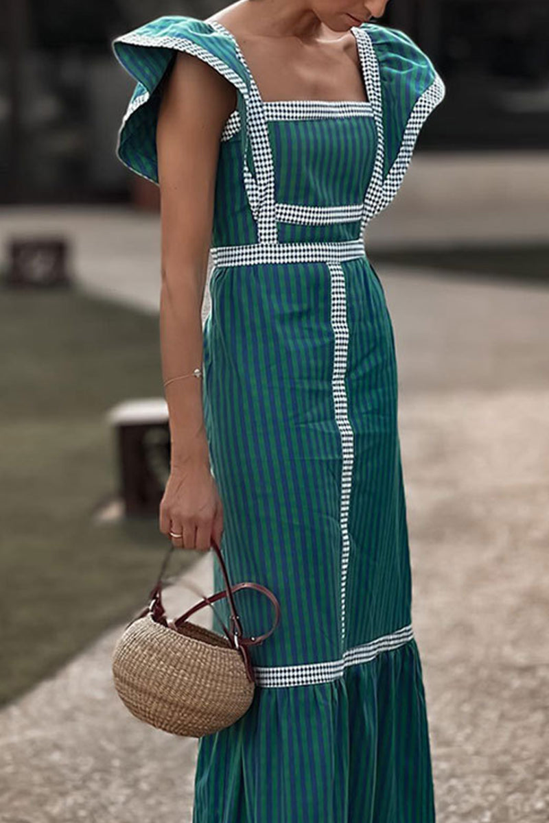 Plaid Patchwork Flounce Square Collar a Line Dresses