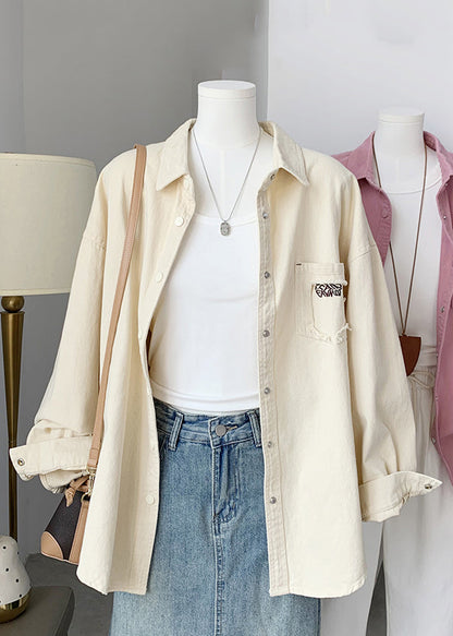 Beige Button Pockets Denim Fall Blouses Peter Pan Collar