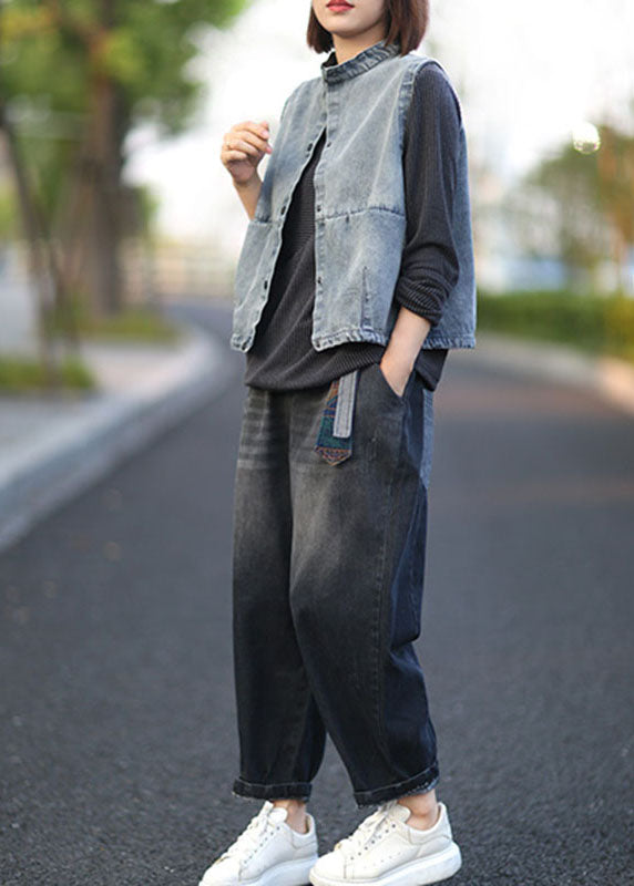 Blue Stand Collar Button Pockets Fall Denim Sleeveless Waistcoat