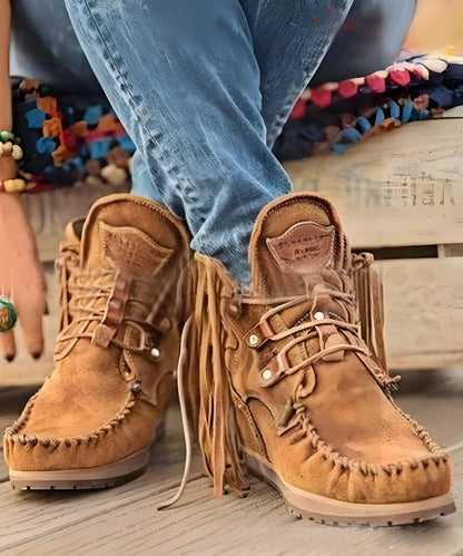 European and American Style Brown Tassel Lace Up Splicing Boots