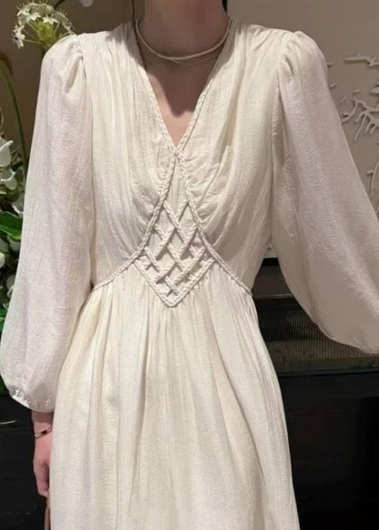 Beige V Neck High Waist Cotton Long Dress Fall