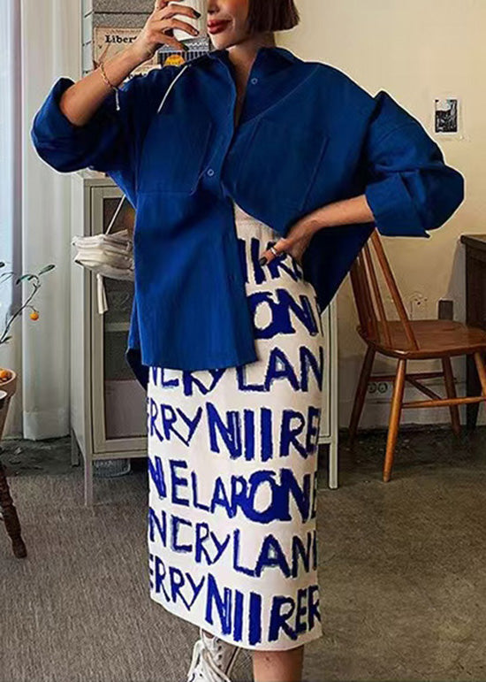 Blue Letter Print Back Side Open Knit Skirts Spring