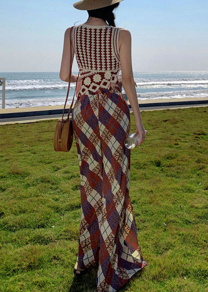 Brown Print Side Open Chiffon Wide Leg Pants Summer