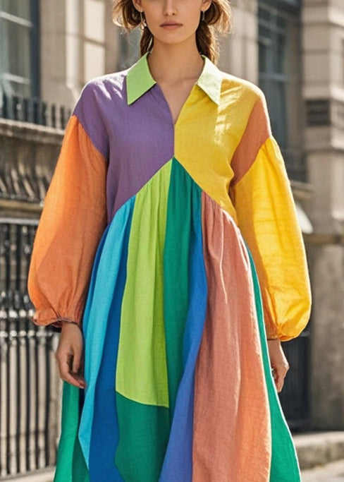 Colorblock Asymmetrical Patchwork Cotton Maxi Dresses Fall