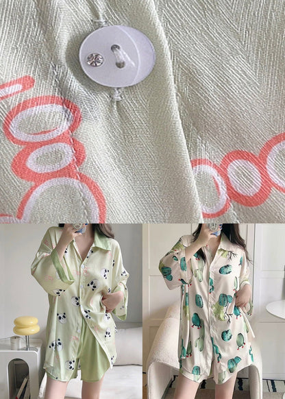 Green Print Shirts and Shorts Ice Silk Pajamas Two Pieces Set Spring