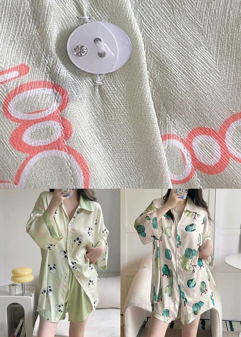 Green Print Shirts and Shorts Ice Silk Pajamas Two Pieces Set Spring